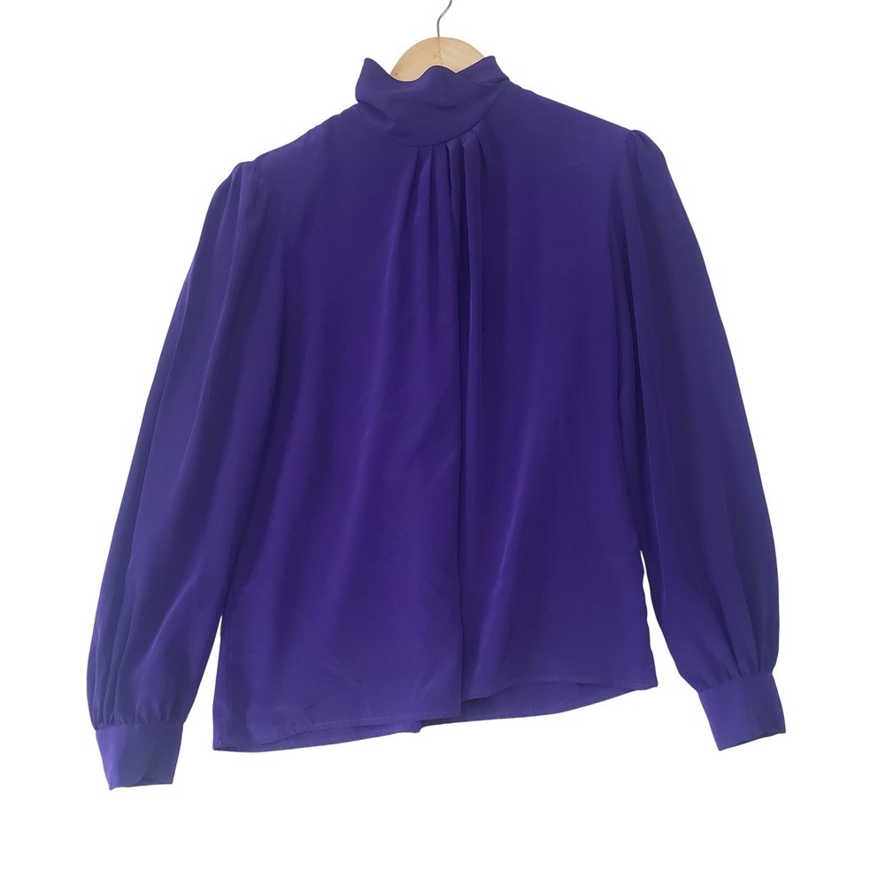 Distinction Blouse Womens 8 Purple Vintage‎ 80s Mock Neck Pleated Secretary Top
